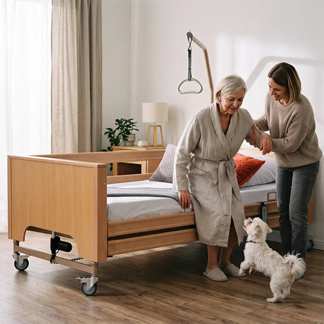 Usuaria utilizando la cama articulada con elevación eléctrica que tiene cuatro planos para ofrecer una postura ergonómica al usuario dortomedical