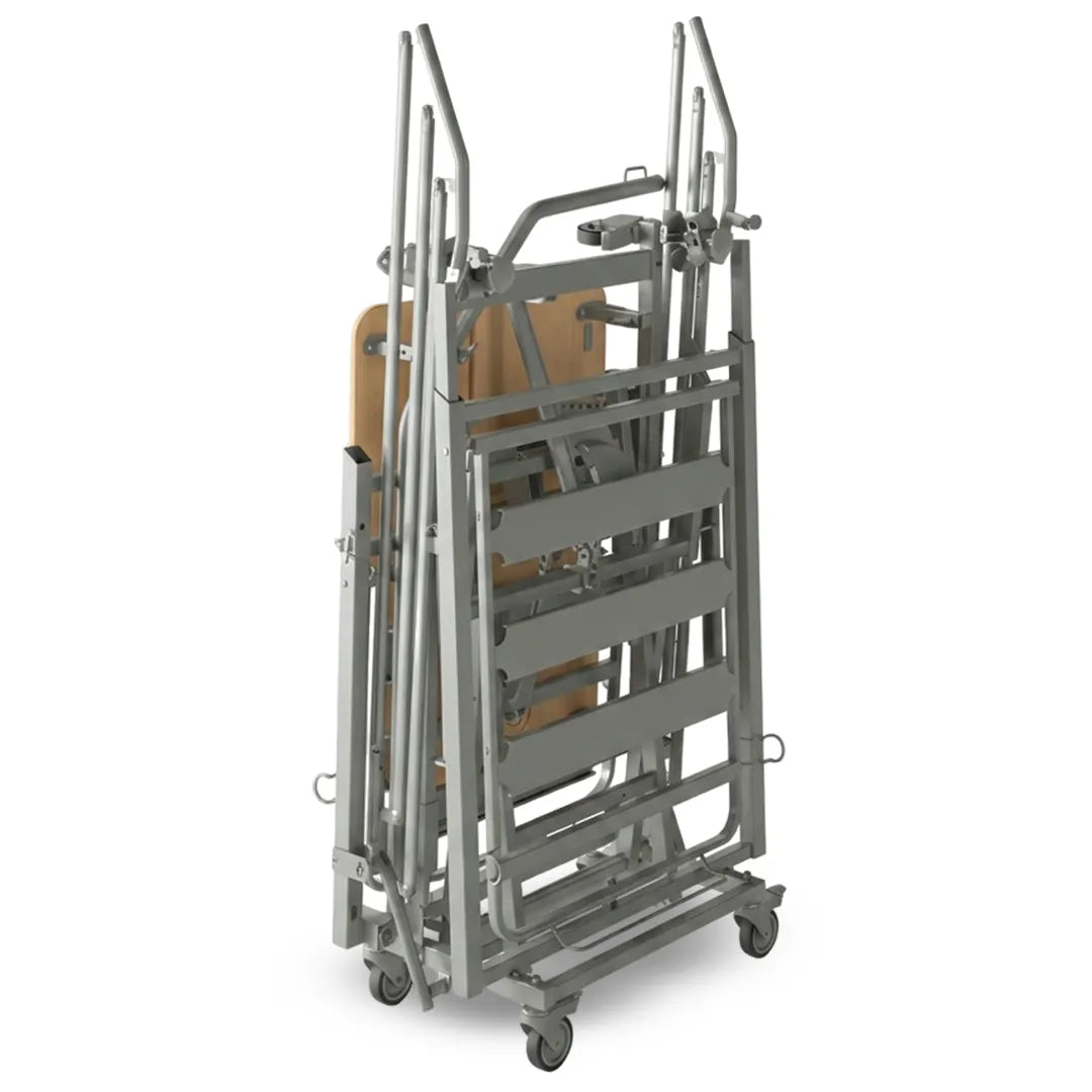 Vista plegada de la cama articulada plegable diseñada para instalarse y desmontarse sin herramientas dortomedical