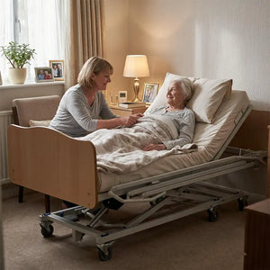 Usuaria utilizando la cama articulada plegable X´PRESS con carro elevador para facilitar el manejo y transporte dortomedical