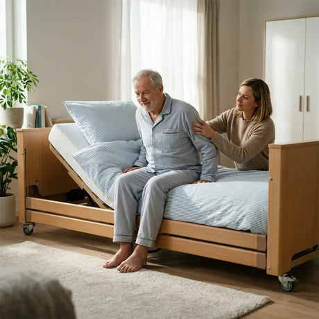 Hombre levantándose de la cama articulada para enfermos con distancia de seguridad de 30 mm para evitar atrapamientos mecánicos dortomedical