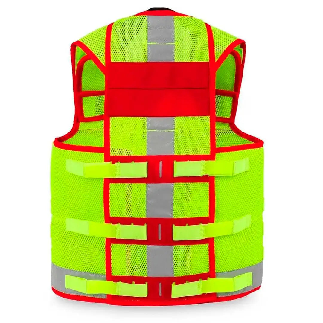 Bolsillos frontales del chaleco reflectante técnico para walkie-talkie que aseguran una comunicación constante en emergencias dortomedical