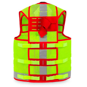 Orificios internos en chaleco reflectante técnico para asegurar herramientas retráctiles y evitar pérdidas en alturas dortomedical