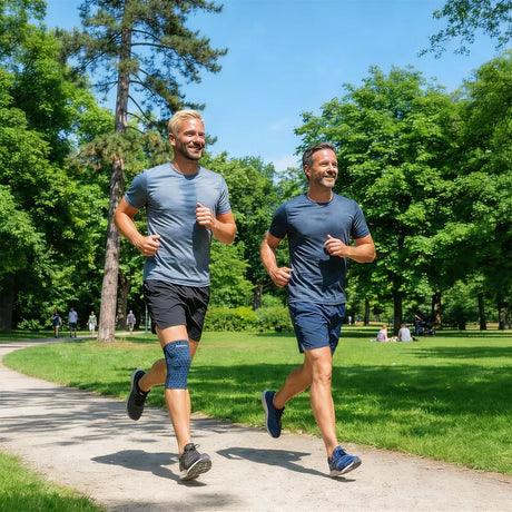 Vista de un chico y su padre haciendo jogging con la rodillera para artrosis elástica y cómoda para uso diario y deporte dortomedical