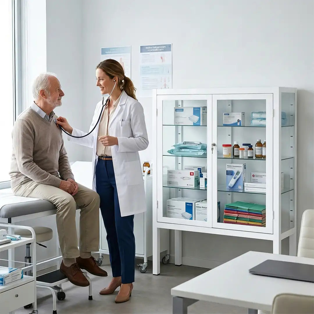 Una médico atiende a un paciente en su consulta donde se observa la vitrina sanitaria integrada en el mobiliario; su diseño profesional y limpio aporta orden visual al entorno médico dortomedical