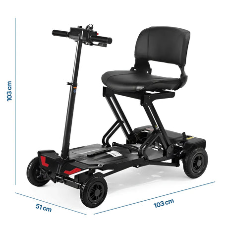 Imagen con las cotas del scooter plegable automático con luces LED desplegado dortomedical