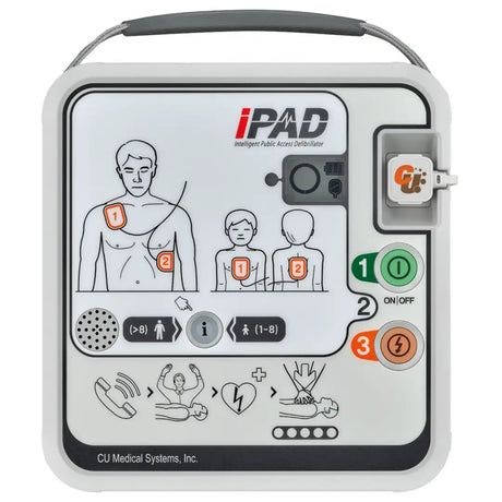 Panel frontal del DEA iPAD CU-SPR con pantalla LCD de estado, botón de cambio modo adulto e infantil, e ilustraciones iluminadas para guiar la reanimación paso a paso dortomedical