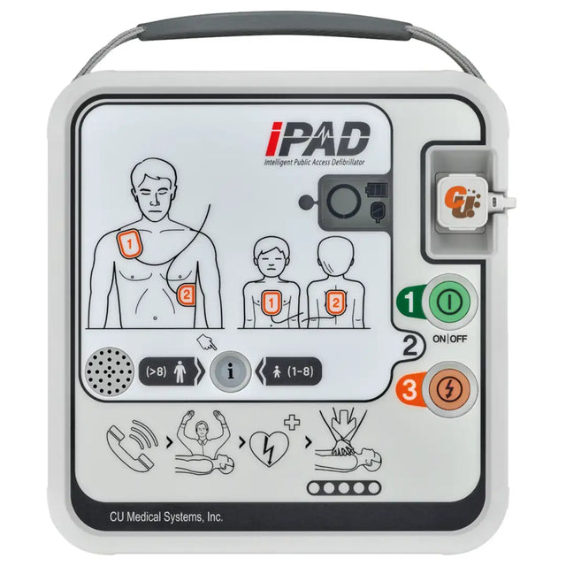 Panel frontal del DEA iPAD CU-SPR con pantalla LCD de estado, botón de cambio modo adulto e infantil, e ilustraciones iluminadas para guiar la reanimación paso a paso dortomedical