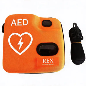 Equipo DESA en su funda de transporte abierta, mostrando la protección del dispositivo y el acceso inmediato a los electrodos universales pregelificados dortomedical