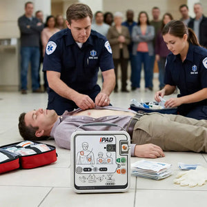 Plano de dos sanitarios atendiendo a un chico inconsciente en el suelo con el DEA CU-SPR con descarga automática para un uso inmediato y seguro de salvamento dortomedical