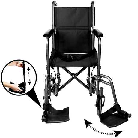 Detalle del reposapiés ajustable en altura y abatible en silla de ruedas manual dortomedical