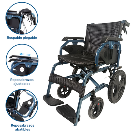 Infografía de silla de ruedas de aluminio mostrando el respaldo plegable para maletero, peso de 13 kg y opciones de asiento de 43 o 46 cm dortomedical
