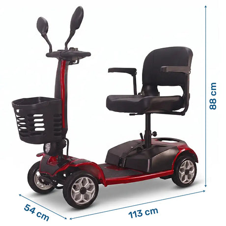 Dimensiones del scooter eléctrico de movilidad mate fabricado con materiales resistentes hasta 136 kg que ofrece estabilidad dortomedical