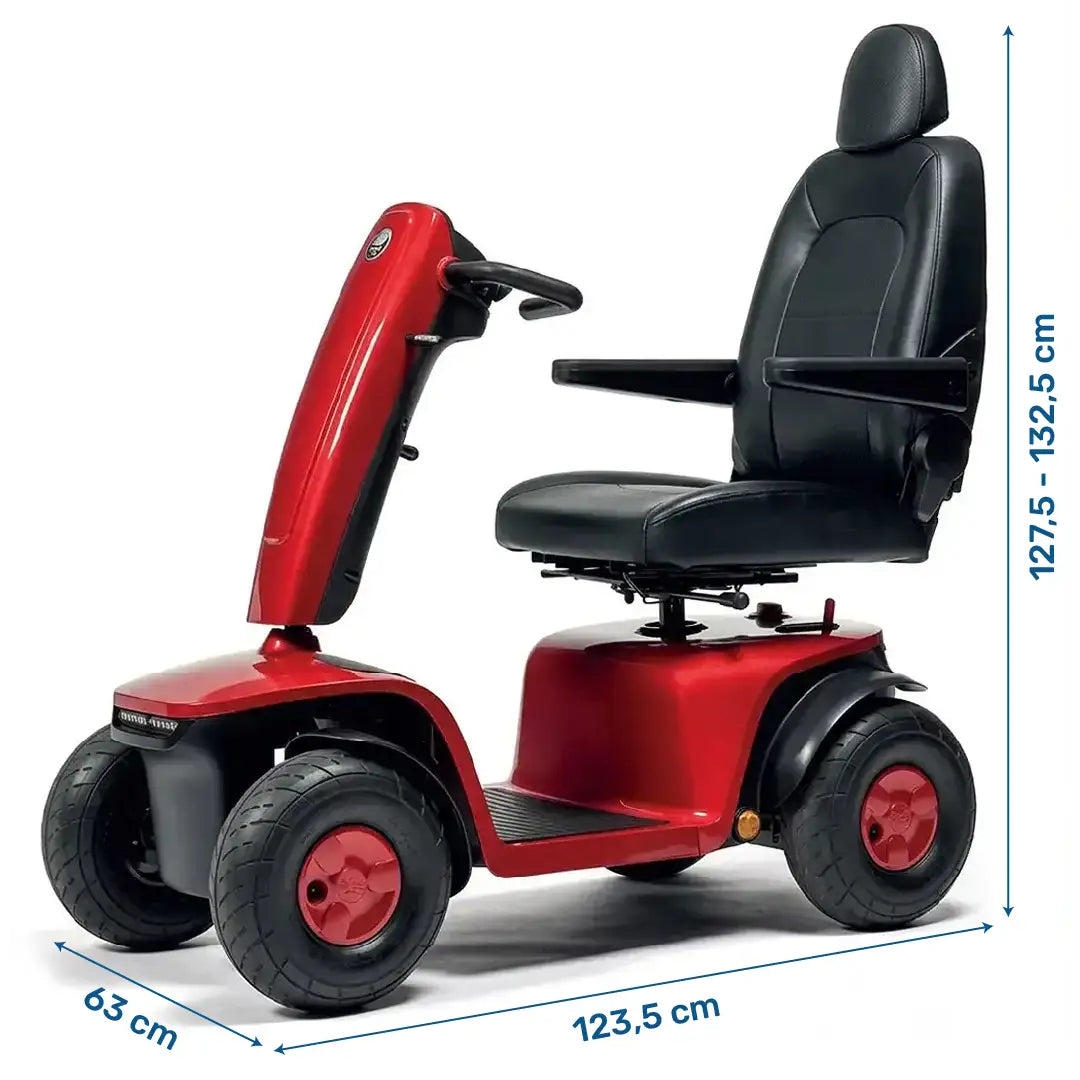 Dimensiones del scooter eléctrico de Vermeiren Sync Premium, con asiento ergonómico para un mayor apoyo dortomedical