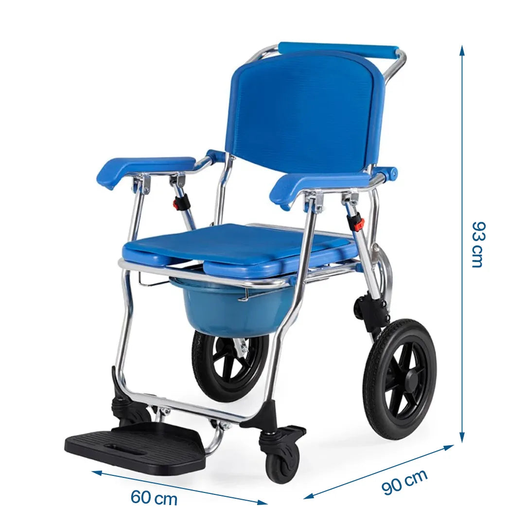 Infografía con las medidas de la silla para ducha waterproof resistente y duradera dortomedical