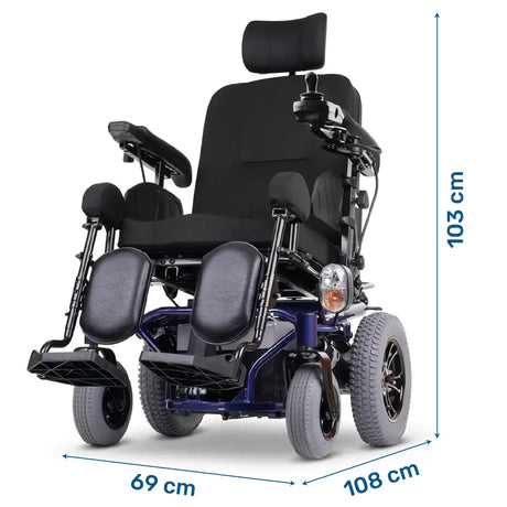Dimensiones de la silla eléctrica con ruedas antivuelco traseras para reforzar la estabilidad dortomedical
