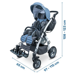 Dimensiones de la silla PCI infantil con amortiguación en las ruedas para una mayor comodidad sobre terrenos irregulares dortomedical