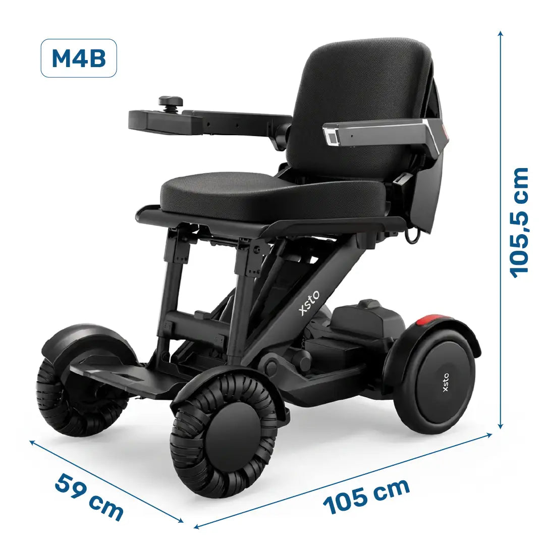 Dimensiones de la Silla de ruedas eléctrica XSTO M4 con asiento regulable en altura para interactuar cara a cara dortomedical