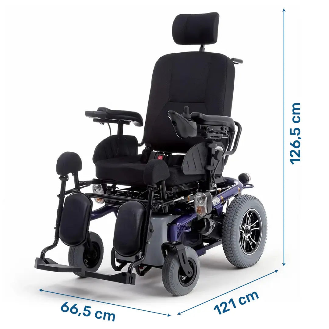 Dimensiones de la silla de ruedas eléctrica con freno electromagnético que frena la silla de forma segura al soltar el joystick dortomedical