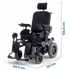 Dimensiones de la silla de ruedas eléctrica con freno electromagnético que frena la silla de forma segura al soltar el joystick dortomedical
