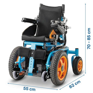 Dimensiones de la silla de ruedas eléctrica infantil con joystick personalizable en lado izquierdo o derecho dortomedical