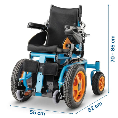 Dimensiones de la silla de ruedas eléctrica infantil con joystick personalizable en lado izquierdo o derecho dortomedical
