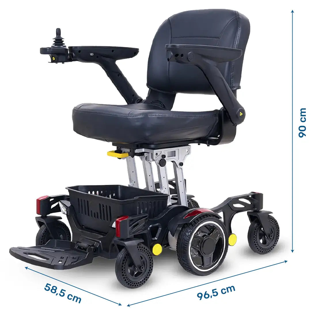 Dimensiones de la silla de ruedas eléctrica Spider con estructura resistente y segura que soporta hasta 130 kg de peso dortomedical