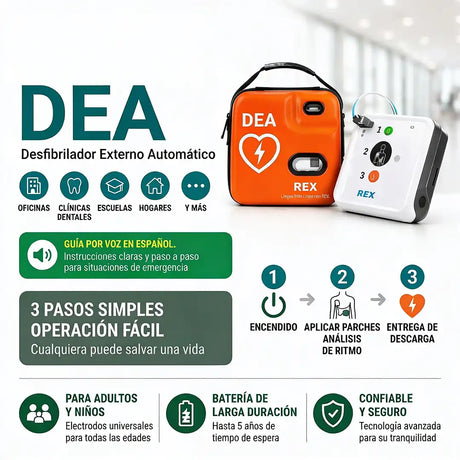Infografía del desfibrilador destacando protección IP55 contra agua/polvo, análisis de ritmo en menos de 7 segundos y energía adaptada de 150J y 50J dortomedical