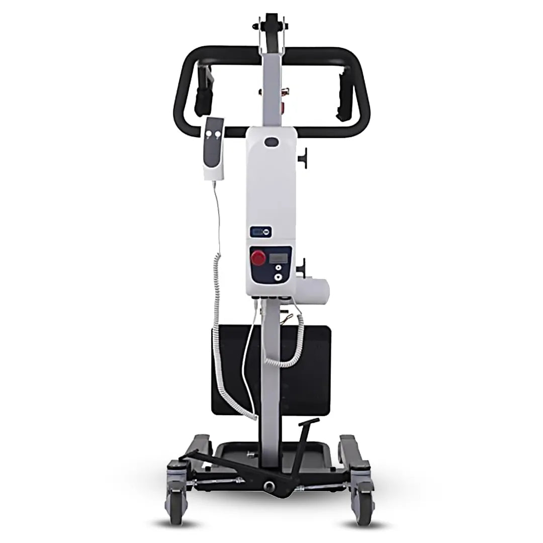 Vista trasera de la grúa eléctrica de bipedestación con motor potente para levantar hasta 150 kg dortomedical