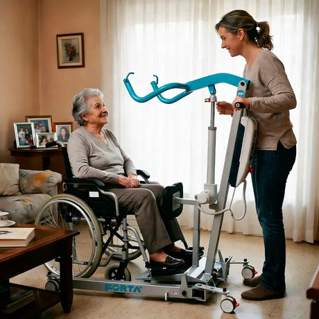 Grúa ortopédica de bipedestación con apertura de patas en compás para máxima estabilidad dortomedical