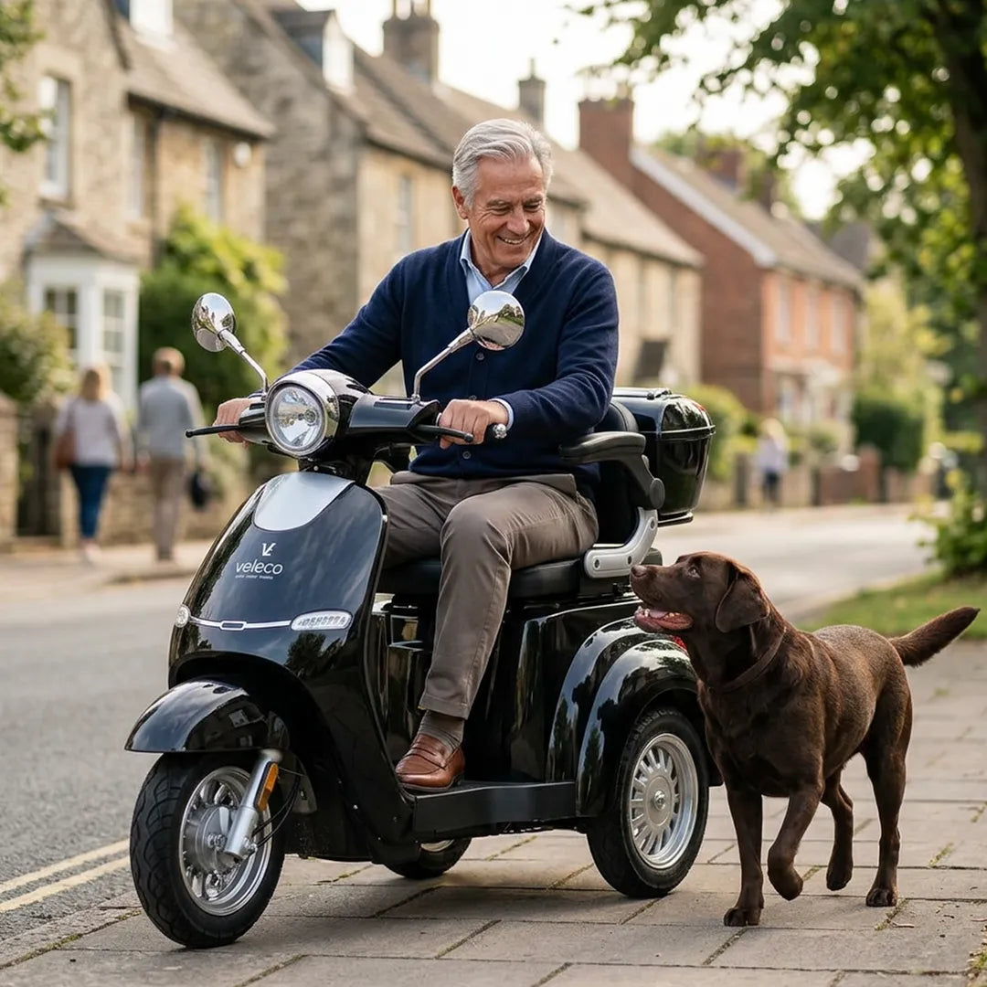 Hombre paseando en una scooter eléctrica tipo moto de alta potencia dortomedical