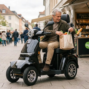 Hombre usando scooter eléctrico para adultos apto para uso cotidiano por su gran maniobrabilidad dortomedical