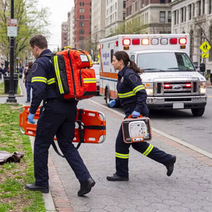 Sanitarios acuden a una intervención de emergencia portando el estuche rígido del iPAD CU-SP1; su diseño permite un traslado seguro y un acceso rápido para retirar los electrodos sin sacar el DEA dortomedical