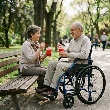 Matrimonio usando la silla de ruedas plegable de fácil transporte y almacenamiento dortomedical