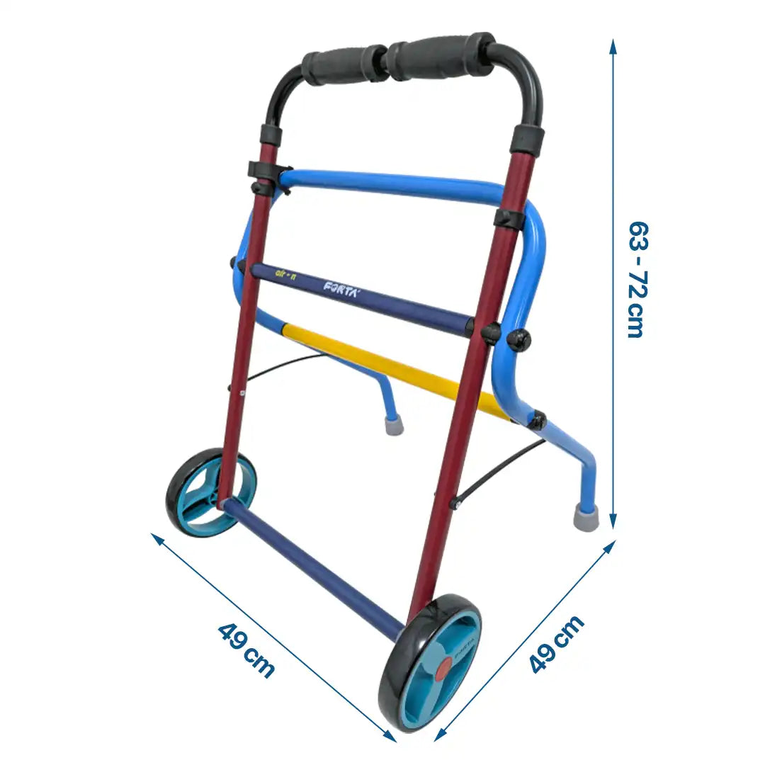Esquema técnico con las dimensiones del andador infantil; muestra la altura del puño regulable en arco desde 63 cm hasta 72 cm para adaptarse al crecimiento del niño dortomedical