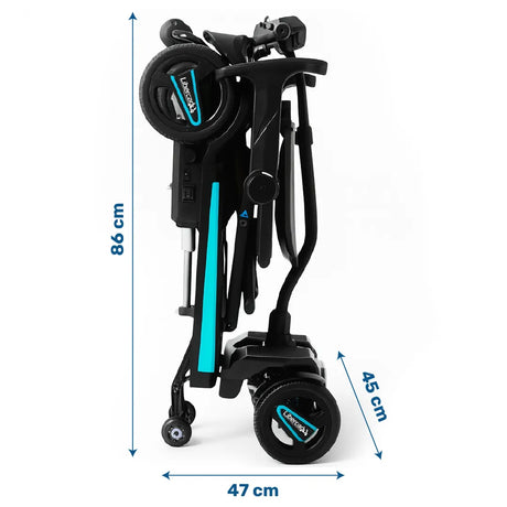 Medidas plegadas del Scooter para discapacidad con sistema de plegado tipo trolley y 4 ruedas para viajar con total autonomía dortomedical