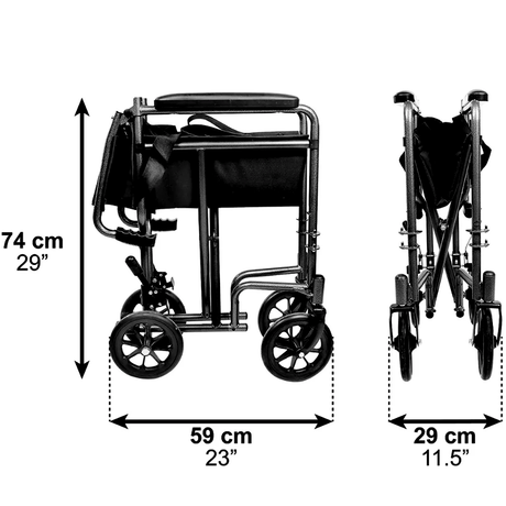 Dimensiones de silla de ruedas plegada con medidas compactas 74 x 29 x 59 cm dortomedical
