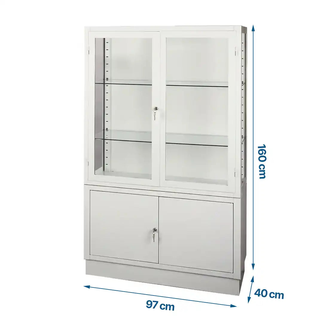 Esquema técnico de la vitrina con medidas de 970x400x1600 mm, detallando la altura y profundidad optimizada para suministros hospitalarios dortomedical