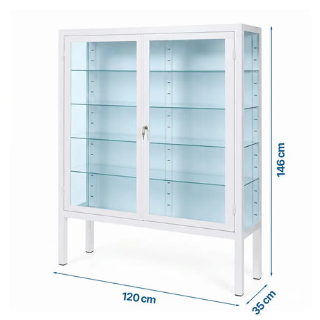 Infografía técnica con las cotas de la vitrina médica grande (120 cm de ancho, 35 cm de fondo y 146 cm de alto) para el aprovechamiento óptimo de paredes en salas clínicas dortomedical