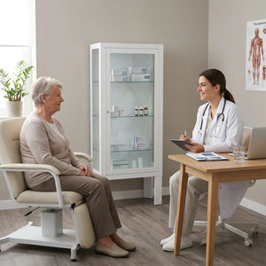 Consulta médica moderna con vitrina de pie de cristal utilizada para el almacenamiento seguro de medicamentos y material clínico dortomedical