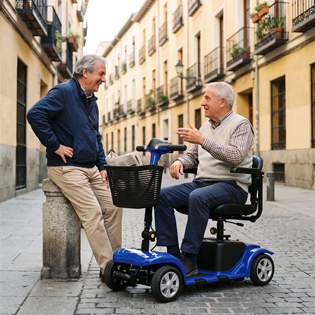 Usuario utilizando el mobility scooter eléctrico para movilidad y accesibilidad que ofrece una alta autonomía para uso diario dortomedical