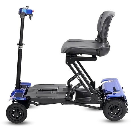 Vista lateral del modelo azul de la moto para discapacitados eléctrica de fácil maniobrabilidad en espacios reducidos y ascensores dortomedical