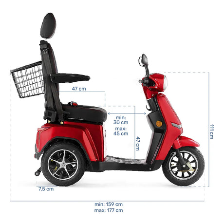 Medidas de la moto eléctrica de 3 ruedas con radio de giro reducido para maniobrar en espacios estrechos de Dortomedical