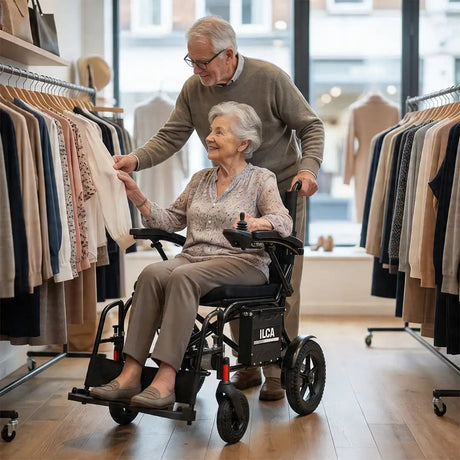 Una mujer mayor sonriente se sienta en una silla de ruedas eléctrica ultraligera de magnesio y aluminio con diseño compacto y ruedas de gran tracción, mientras su pareja le ayuda a elegir ropa en una tienda dortomedical
