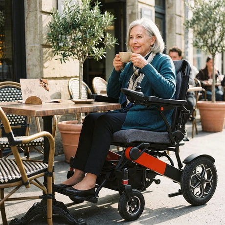 Mujer usando silla de ruedas motorizada y plegable que permite un transporte fácil dortomedical