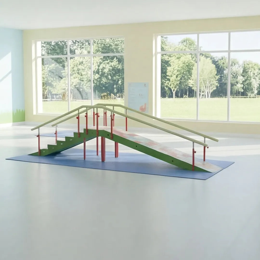 Rampa infantil con estructura de acero epoxy y pasamanos ajustables para terapia de equilibrio dortomedical