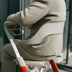 Vista de señor sentado usando el respaldo para andador Carbon Overland y Nordic Pioneer de Dortomedical