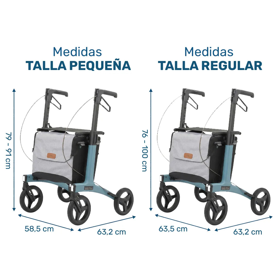 Medidas del Rollator ajustable disponible en tallas Pequeña y Regular para adaptarse a la estatura del usuario de Dortomedical.