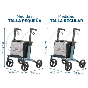 Medidas del Rollator ajustable disponible en tallas Pequeña y Regular para adaptarse a la estatura del usuario de Dortomedical.