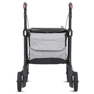 Vista trasera del rollator plegable con neumáticos blandos de E-TPE que absorben irregularidades y vibraciones de Dortomedical