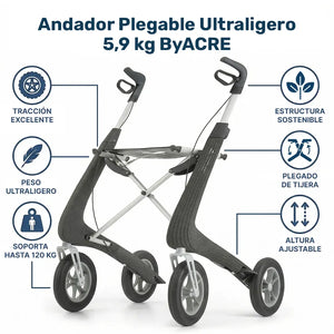 Rollator con sistema de plegado plano ideal para guardar en espacios muy estrechos de Dortomedical.